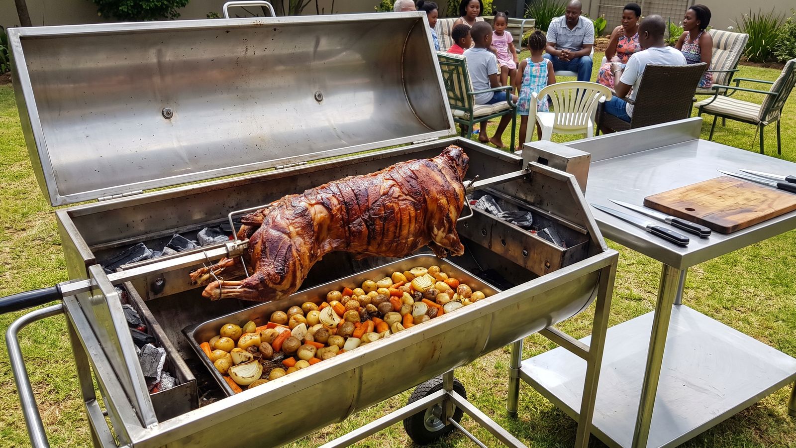 Halaal spit braai: a whole lamb over coals beside a separate preparation table at an evening family gathering