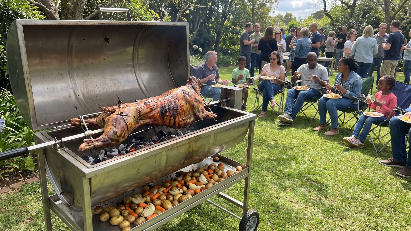 Heritage Day braai: friends and family with plates around a whole lamb on a spit braai machine in a garden