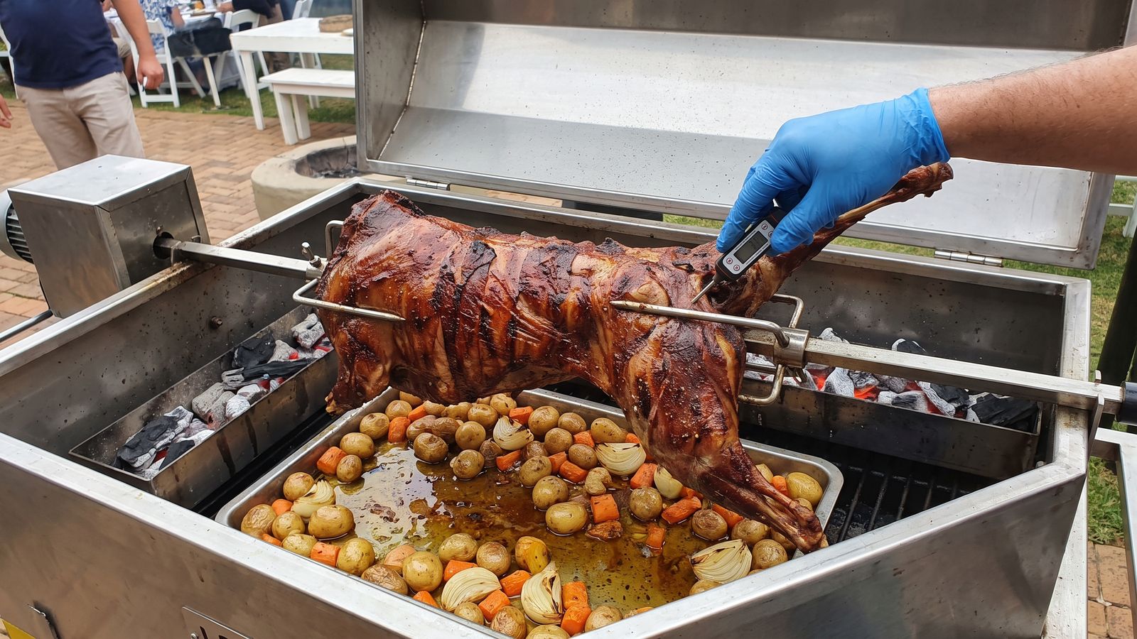 How long a spit braai takes: a gloved hand pushing a probe thermometer into a whole lamb on the spit