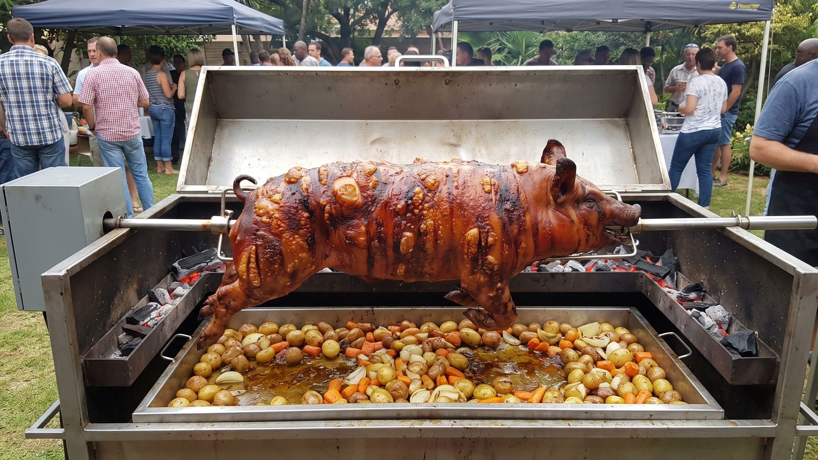 Pork spit braai: a whole pig with scored crackling turning over coals