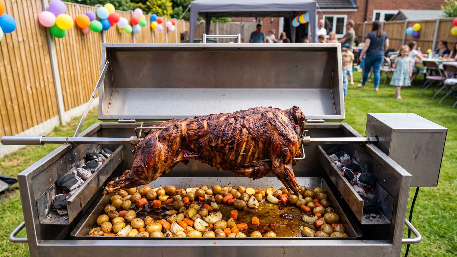 Whole lamb spit braai on a stainless machine at a garden birthday party, the kind Spit Braai Feast cooks in Durbanville