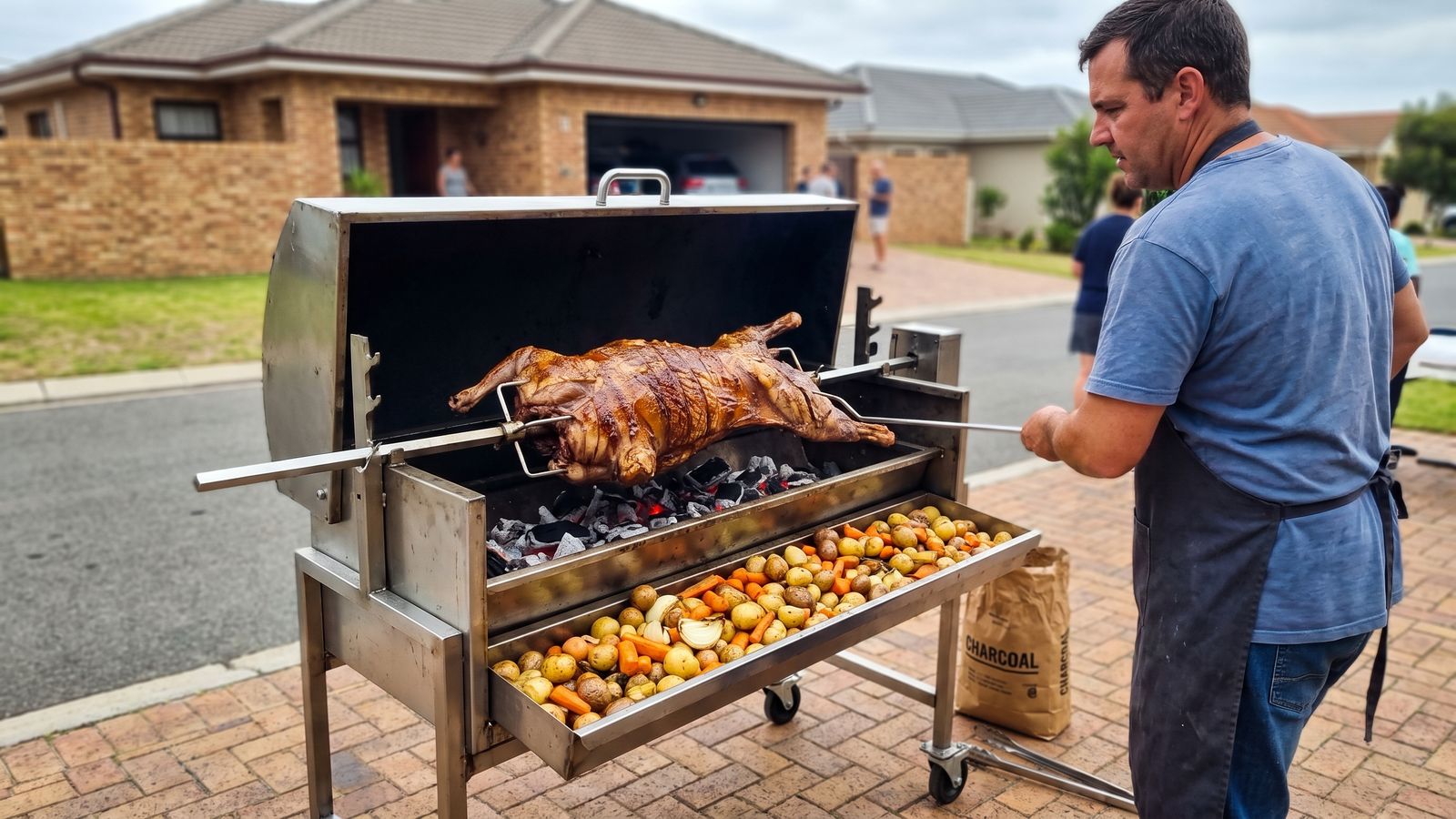 Spit braai hire: a host turning a whole lamb on a hired charcoal spit braai machine on a paved driveway