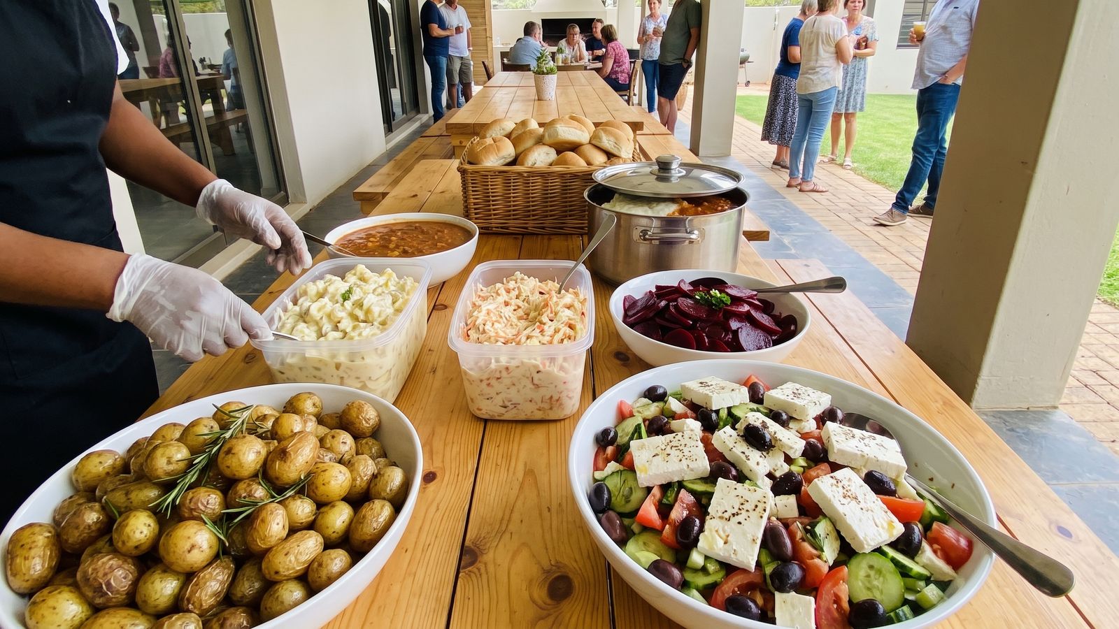 Spit braai menu ideas: garlic potatoes, Greek salad, beetroot, coleslaw, potato salad and bread rolls
