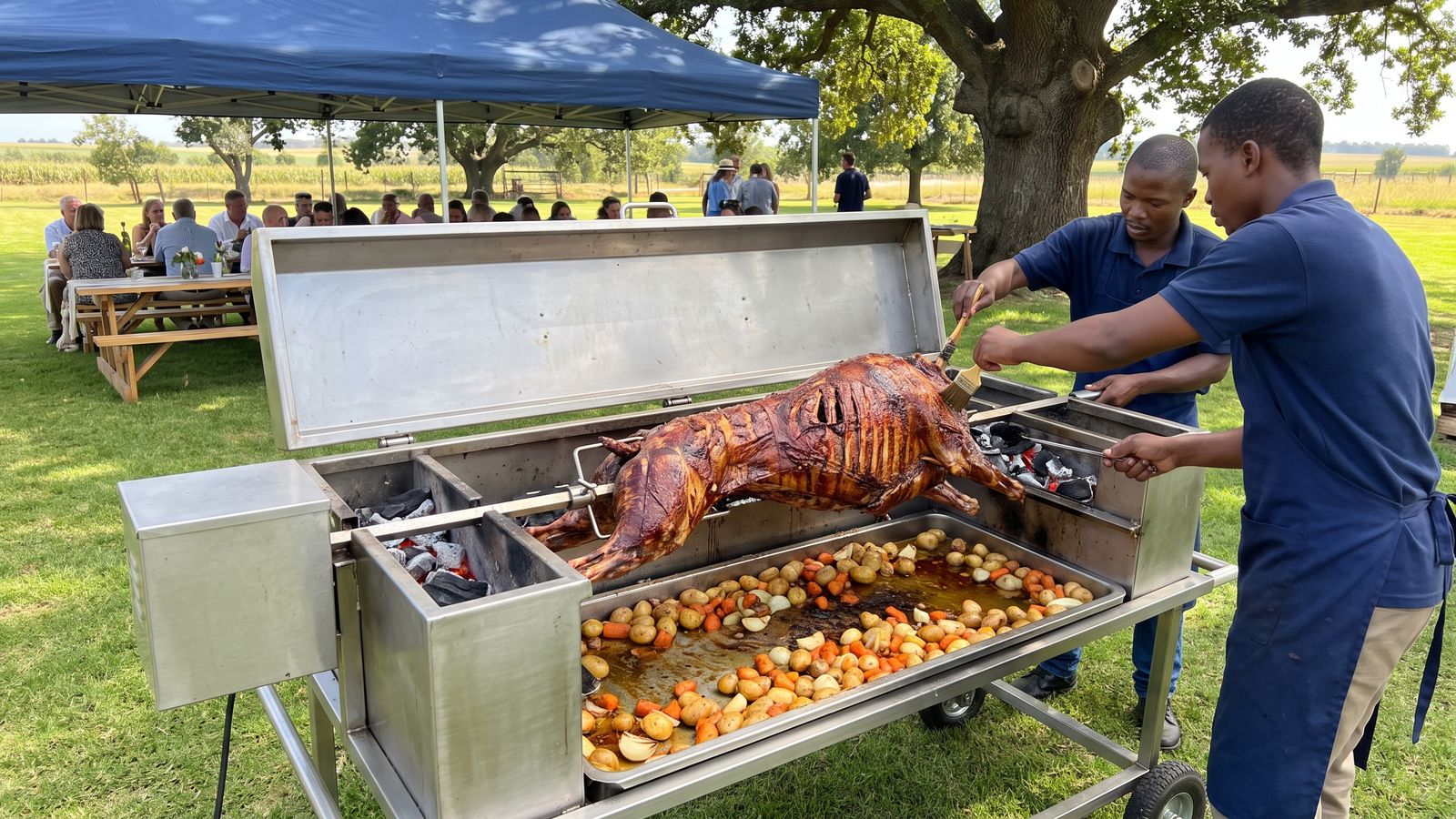 Whole lamb spit braai on a stainless machine under an oak tree at a farm function, the kind Spit Braai Feast cooks in Paarl