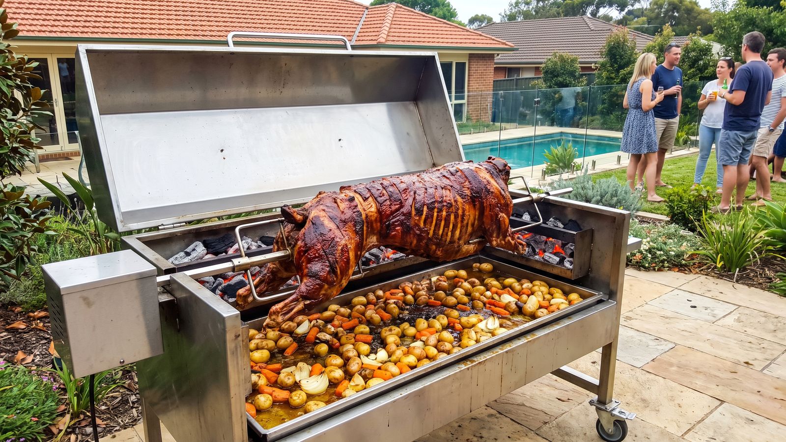 Whole lamb spit braai on a stainless machine in a suburban garden, the set-up Spit Braai Feast brings to Somerset West