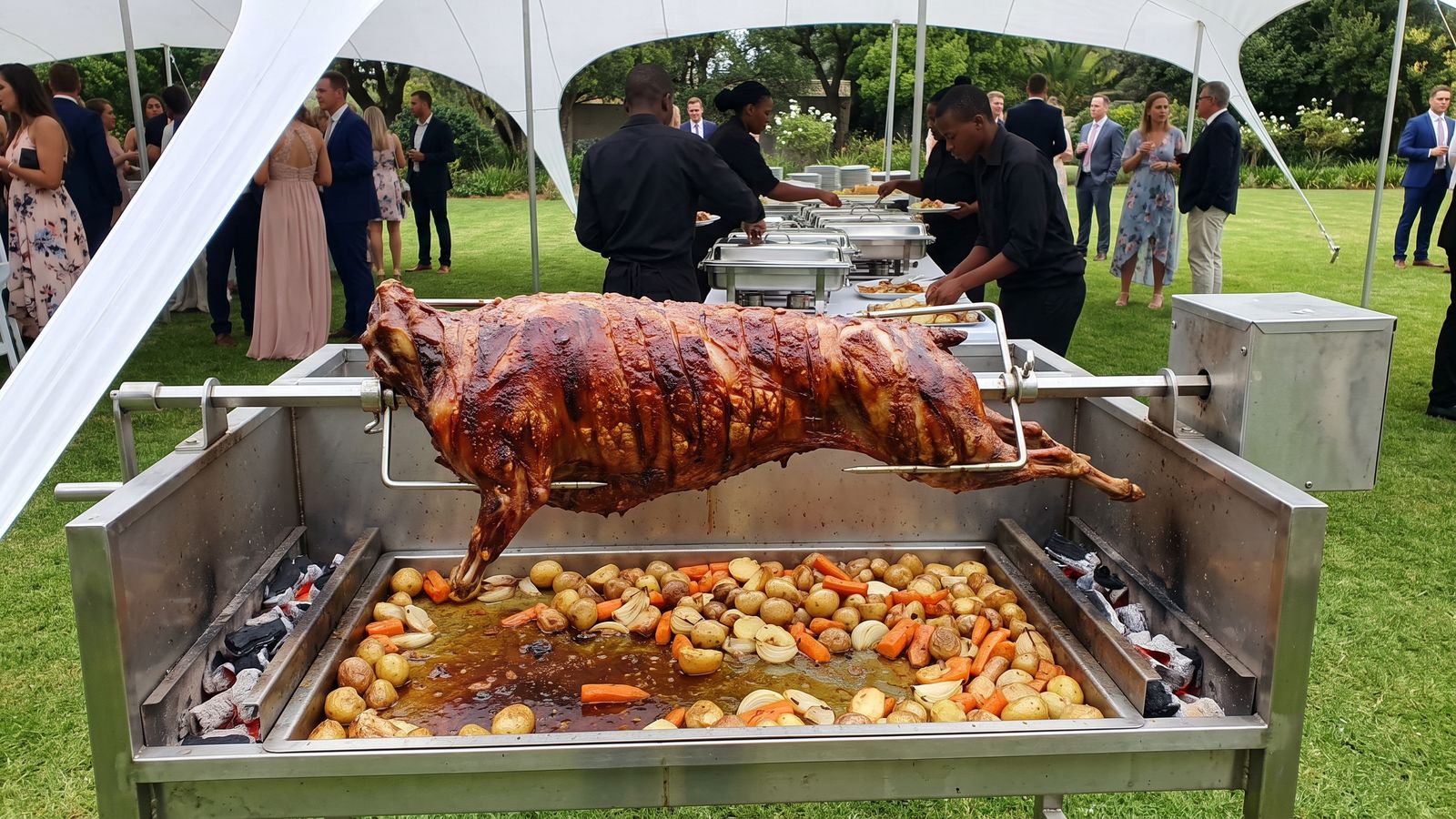 Spit braai wedding catering: a chef tending a whole lamb on the spit beside a stretch tent at a wine-farm reception